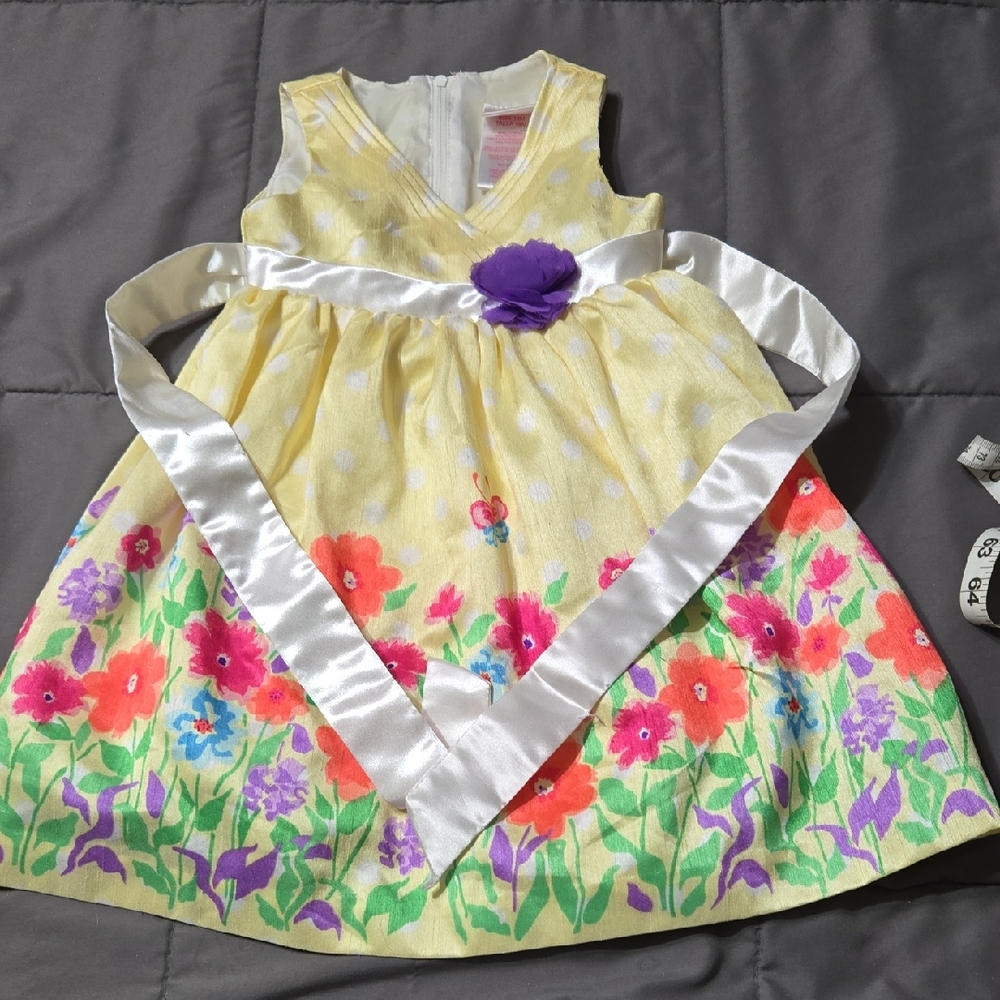 Girls Yellow Floral Party Dress with Purple Accent Size 18 Mos